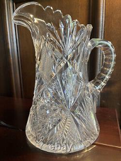 Antique Cut Crystal Pitcher, 7 matching glasses and silver plate serving tray