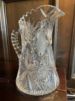 Antique Cut Crystal Pitcher, 7 matching glasses and silver plate serving tray