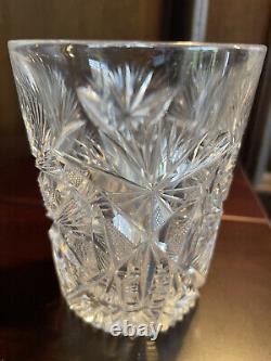 Antique Cut Crystal Pitcher, 7 matching glasses and silver plate serving tray
