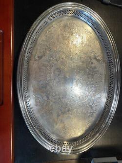 Antique Cut Crystal Pitcher, 7 matching glasses and silver plate serving tray