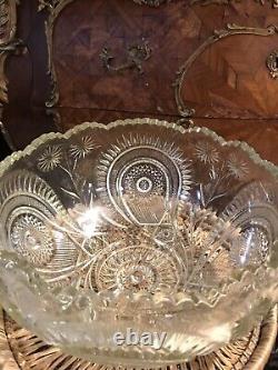 Antique Cut Crystal Punch Bowl Pinwheel & Stars & 8 matching Glasses