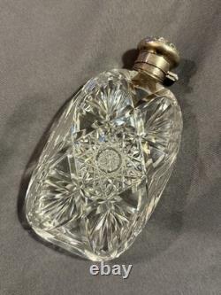 Antique Cut Glass Crystal & Hallmarked Sterling Silver Hip Flask