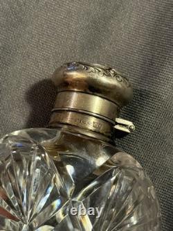 Antique Cut Glass Crystal & Hallmarked Sterling Silver Hip Flask