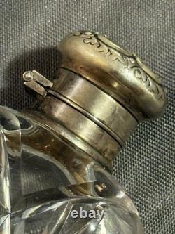 Antique Cut Glass Crystal & Hallmarked Sterling Silver Hip Flask
