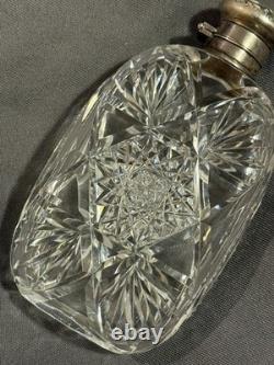 Antique Cut Glass Crystal & Hallmarked Sterling Silver Hip Flask