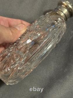 Antique Cut Glass Crystal & Hallmarked Sterling Silver Hip Flask