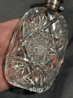 Antique Cut Glass Crystal & Hallmarked Sterling Silver Hip Flask