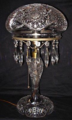 Antique Cut Glass Crystal Mushroom Shade Lamp with Prisms
