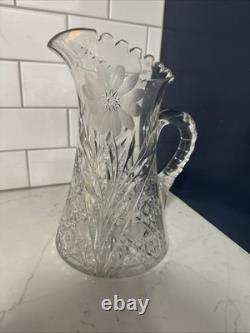 Antique Cut Glass Crystal Pitcher 10 Engraved Floral Sawtooth Rim Star Base