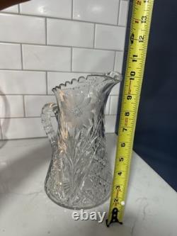 Antique Cut Glass Crystal Pitcher 10 Engraved Floral Sawtooth Rim Star Base