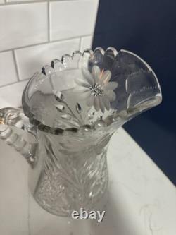 Antique Cut Glass Crystal Pitcher 10 Engraved Floral Sawtooth Rim Star Base