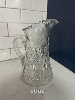 Antique Cut Glass Crystal Pitcher 10 Engraved Floral Sawtooth Rim Star Base