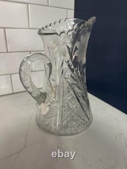 Antique Cut Glass Crystal Pitcher 10 Engraved Floral Sawtooth Rim Star Base
