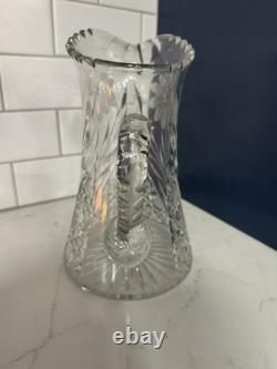 Antique Cut Glass Crystal Pitcher 10 Engraved Floral Sawtooth Rim Star Base