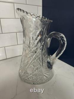 Antique Cut Glass Crystal Pitcher 10 Engraved Floral Sawtooth Rim Star Base