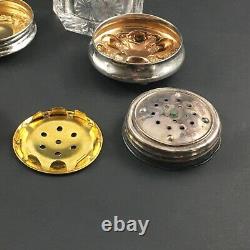 Antique Cut Glass / Crystal Vanity / Dresser Jars Sterling Silver Lids Set of 5