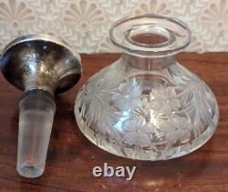 Antique Cut Glass Etched Crystal Perfume Bottle with Sterling Silver Stopper