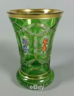Antique Czech Bohemian Moser Green Cut to Clear Crystal Hand Painted Vase Gilt