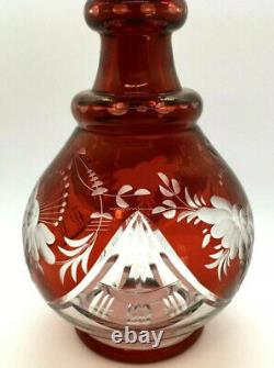 Antique Czech Bohemian Ruby Red Etched and Cut to Clear Crystal Decanter
