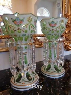 Antique Czechoslovakia Bohemian Cut To Green 14 Mantel Lustres 20crystal Prism