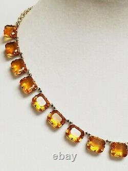 Antique Deco Emerald Cut Open Back Amber Crystal Paste 14K GF Riviere Necklace