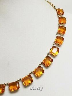 Antique Deco Emerald Cut Open Back Amber Crystal Paste 14K GF Riviere Necklace