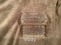 Antique Diamond Cut Crystal Glass Casket Box Brass Hinged Jewelry Box 4x3
