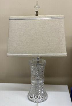 Antique Double Light Cut Crystal Lamp Dual w Linen Rectangle Shade EUC Works