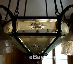 Antique French ART DECO 1930 Bronze Glass crystal cut chandlier 7 light