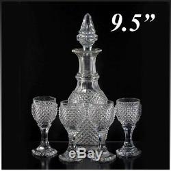 Antique French Baccarat 9.5 Decanter, 4 Cordial Goblets, c1830 Diam Cut Crystal