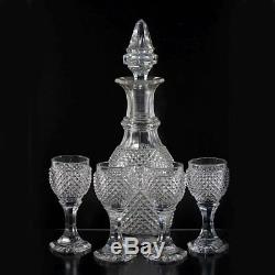 Antique French Baccarat 9.5 Decanter, 4 Cordial Goblets, c1830 Diam Cut Crystal