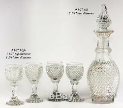 Antique French Baccarat 9.5 Decanter, 4 Cordial Goblets, c1830 Diam Cut Crystal