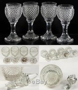 Antique French Baccarat 9.5 Decanter, 4 Cordial Goblets, c1830 Diam Cut Crystal