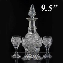 Antique French Baccarat 9.5 Decanter, 4 Cordial Goblets, c1830 Diam Cut Crystal