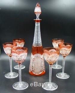 Antique French Baccarat Crystal Orange Cut to Clear Decanter & Glasses Set of 6