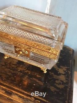 Antique French Baccarat Cut Crystal Box With Ormolu Mounts Paw Feet