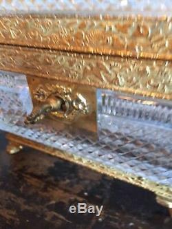 Antique French Baccarat Cut Crystal Box With Ormolu Mounts Paw Feet