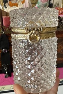 Antique French Baccarat Diamond Cut Crystal Glass Cylindrical Casket