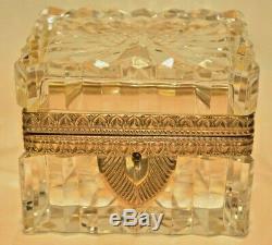 Antique French Crystal Cut Glass Gilt Bronze Ormolu Jewelry Casket Trinket Box