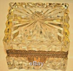 Antique French Crystal Cut Glass Gilt Bronze Ormolu Jewelry Casket Trinket Box