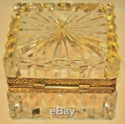 Antique French Crystal Cut Glass Gilt Bronze Ormolu Jewelry Casket Trinket Box