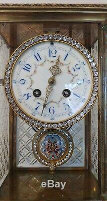 Antique French Crystal Regulator Clock Cloisonne with Stunning Cut Glass Panels