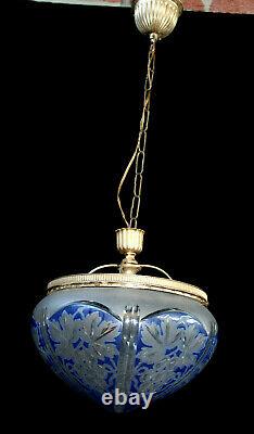 Antique French Crystal glass cut Blue clear pendant lamp chandelier