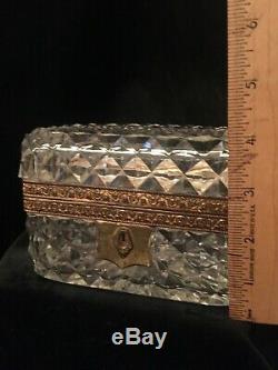 Antique French Cut Crystal Glass Gilt Bronze Ormolu Jewelry Casket Trinket Box