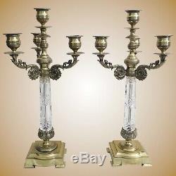 Antique French Cut Crystal and Gilt Bronze 4 Light Candelabras