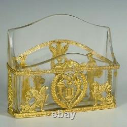 Antique French Gilt Bronze Ormolu Empire Style Cut Crystal Letter Rack Holder