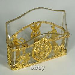 Antique French Gilt Bronze Ormolu Empire Style Cut Crystal Letter Rack Holder