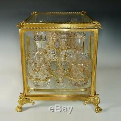 Antique French Gilt Bronze Tantalus Cabinet Caddy Box, Cut Crystal Liquor Set