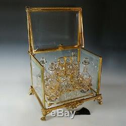 Antique French Gilt Bronze Tantalus Cabinet Caddy Box, Cut Crystal Liquor Set