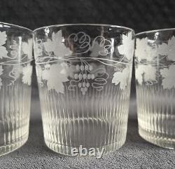 Antique French Hand Cut Engraved Grapevines Crystal Glass Liquor Glasses